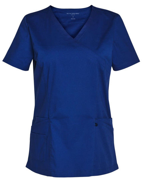 A navy blue short sleeve scrub top featuring a V-neck and two front pockets. Includes a logo on the sleeve. A navy blue short sleeve scrub top featuring a V-neck and two front pockets. Includes a logo on the sleeve.