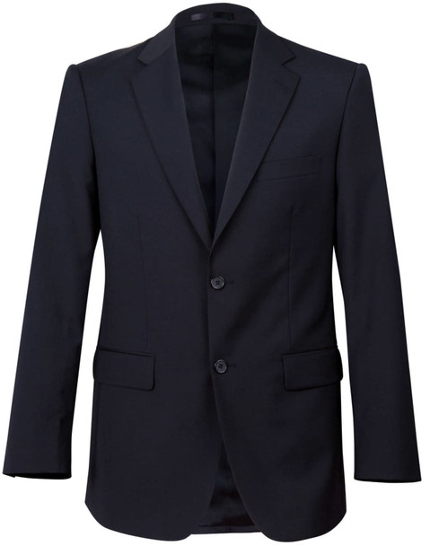 A black wool stretch blazer jacket with two buttons and a single chest pocket. A black wool stretch blazer jacket with two buttons and a single chest pocket.