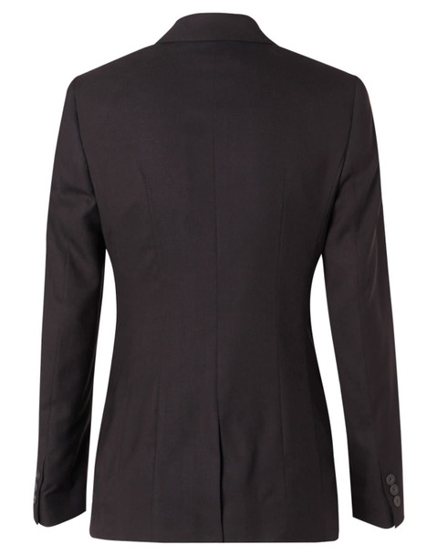 A black women's mid-length jacket featuring two buttons and a fitted design, made from poly/viscose stretch fabric.