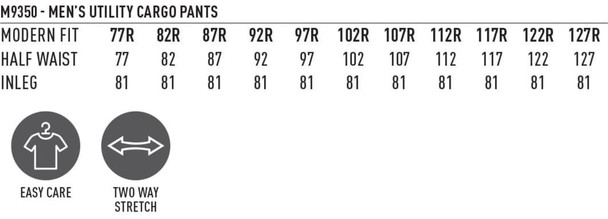 A table displaying sizing information for men's utility cargo pants, featuring modern fit and two-way stretch details.