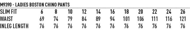 A size chart for Ladies' Boston Chino Pants, displaying measurements for slim fit, waist, and inseam length in centimetres. A size chart for Ladies' Boston Chino Pants, displaying measurements for slim fit, waist, and inseam length in centimetres.