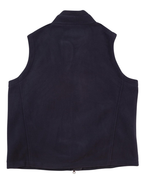 A navy fleece vest for kids, featuring a high collar and no sleeves, with a logo on the back.