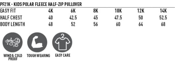 A size chart for a Kid's Half Zip Polar Fleece Pullover, detailing various measurements for different sizes.