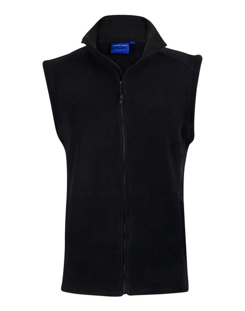 A black polar fleece vest with a zip front and a high collar, featuring a logo. A black polar fleece vest with a zip front and a high collar, featuring a logo.