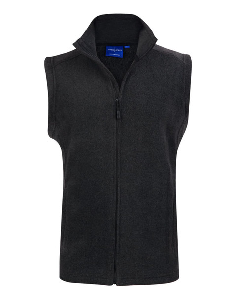 A grey adult's polar fleece vest with a high collar and front zip, featuring a logo. A grey adult's polar fleece vest with a high collar and front zip, featuring a logo.