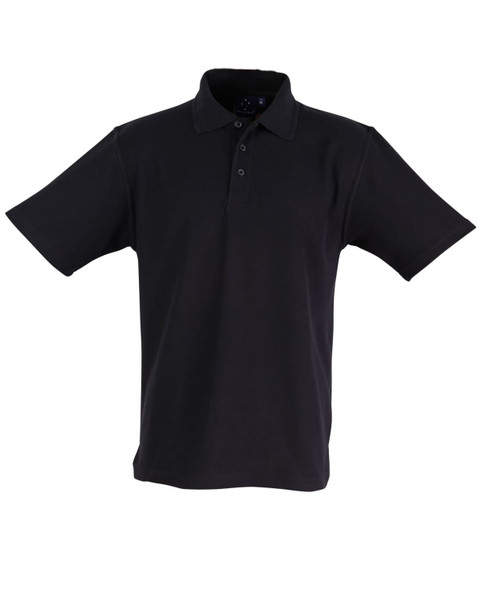 A black children’s traditional polo shirt with a collar and short sleeves, featuring a logo.