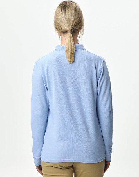 A light blue unisex long sleeve polo shirt featuring a collar and a logo on the back.