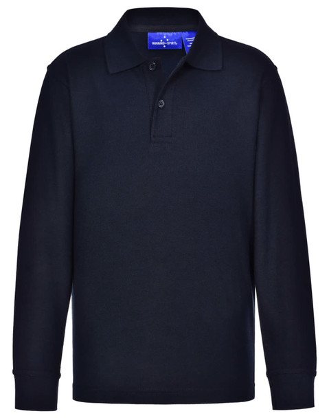 A navy long sleeve polo shirt made from traditional poly/cotton pique knit, featuring a collar and three buttons. A navy long sleeve polo shirt made from traditional poly/cotton pique knit, featuring a collar and three buttons.