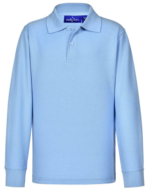A light blue long sleeve polo shirt made from a poly/cotton blend, featuring a collar and buttons. A light blue long sleeve polo shirt made from a poly/cotton blend, featuring a collar and buttons.