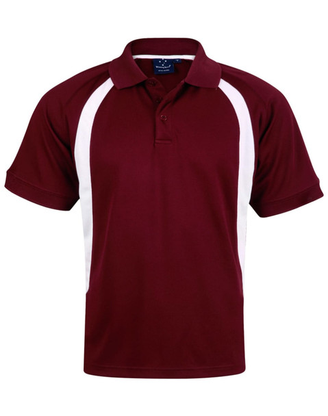 A maroon polo shirt with white side panels and a collar, featuring a logo on the front.