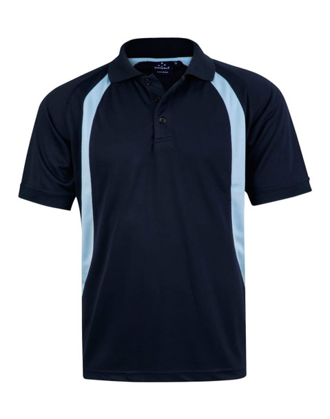 A navy blue polo shirt with light blue side panels and a collar, featuring a logo on the chest.