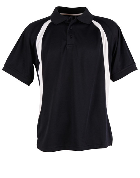 A black polo shirt with white side accents and a collar, featuring buttons and short sleeves.