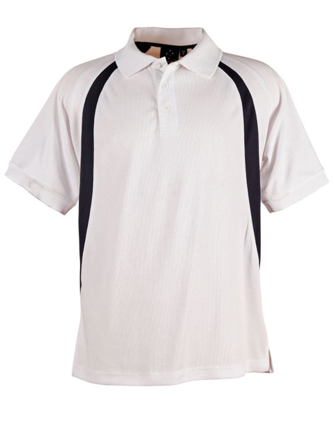 A men's polo shirt in cream with black side panels and a collar, featuring a logo.