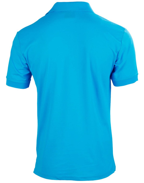 A bright blue men's polo shirt featuring a collar and short sleeves, with a branding logo on the back.