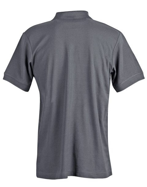 A grey polo shirt with a classic collar and short sleeves, featuring a logo on the side.