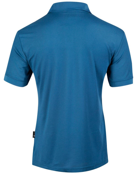 A blue men's polo shirt with a short sleeve and a collar, featuring a logo on the side.