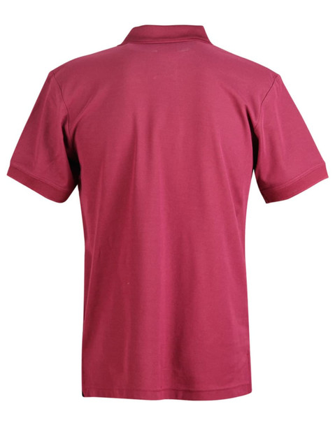 A maroon polo shirt featuring a collar and short sleeves, with a logo on the back.