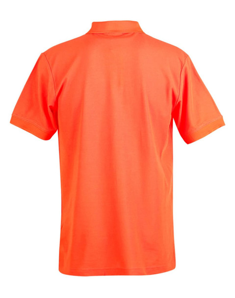 An orange men's polo shirt featuring a collar and short sleeves, with a brand logo on the chest.