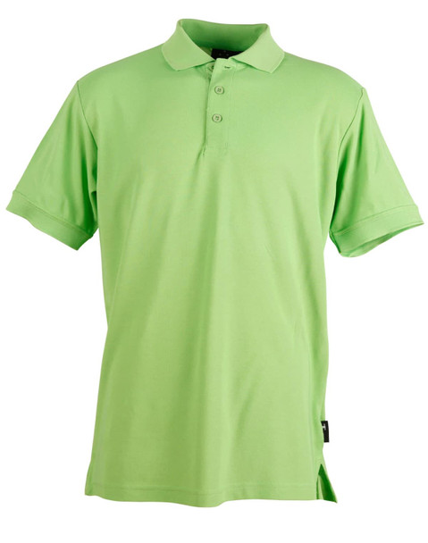 A green men's polo shirt featuring a collar and three buttons, with a logo on the side.