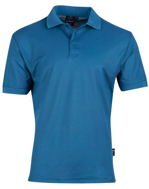 A men's polo shirt in a vibrant shade of blue, featuring a collar and a logo.