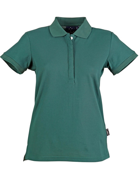 A green ladies' polo shirt with a collar and short sleeves, featuring a logo on the side. A green ladies' polo shirt with a collar and short sleeves, featuring a logo on the side.