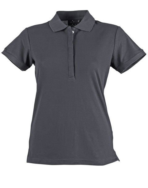 A grey ladies' polo shirt with a collared neckline and short sleeves, featuring a logo on the chest. A grey ladies' polo shirt with a collared neckline and short sleeves, featuring a logo on the chest.
