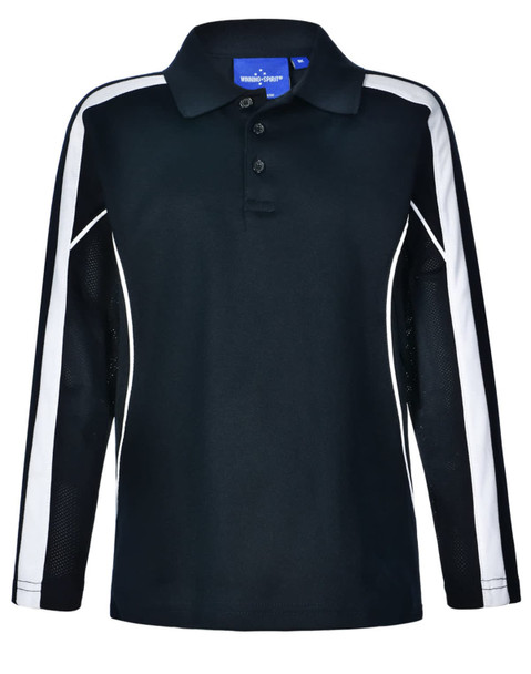 A black long sleeve polo shirt with white side stripes and a collar. Features a logo on the upper section.