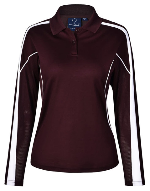 A maroon long sleeve polo shirt with white side panels and a collar. It includes a logo on the chest area.