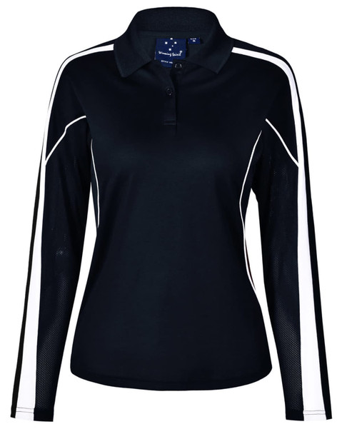 A black long sleeve polo shirt with white side stripes and a collar. Features a logo on the front.