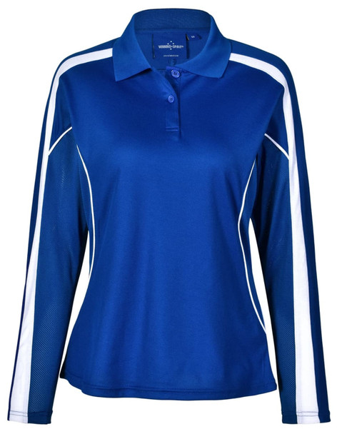 A long sleeve polo shirt in royal blue with white stripes and a collar, featuring a logo.