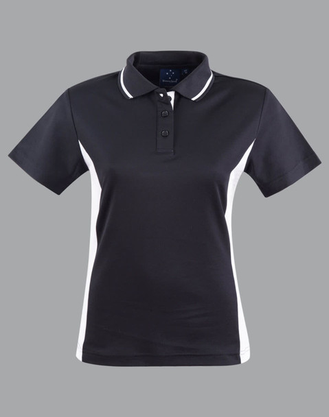 A black and white ladies' polo shirt featuring a classic collar and a logo on the chest.