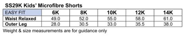 A table displaying measurements for Kids Microfibre Shorts in various sizes with an easy fit design. A table displaying measurements for Kids Microfibre Shorts in various sizes with an easy fit design.