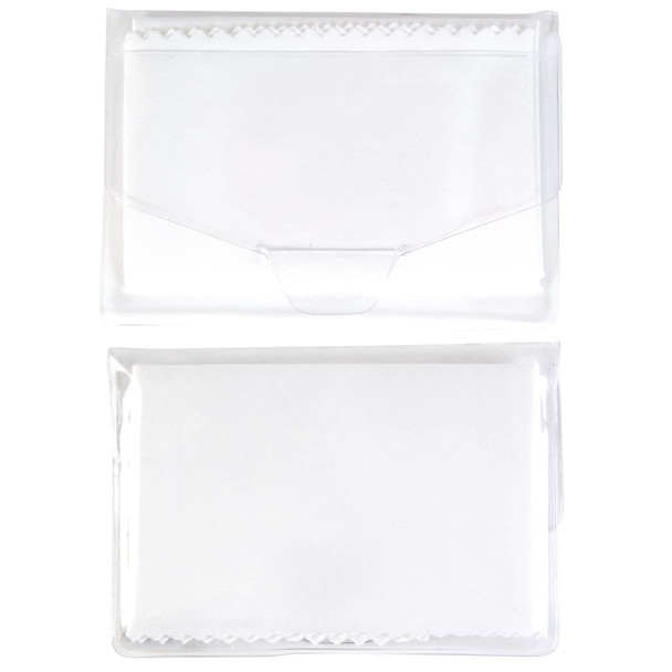 A white microfibre lens cleaning cloth packaged in a clear protective case. The cloth is folded within.