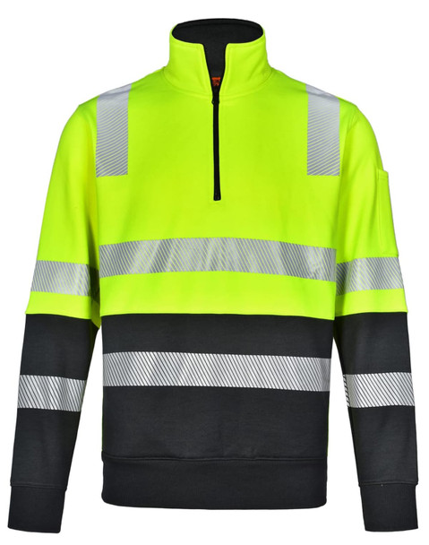 A high-visibility jumper in fluorescent yellow and black with reflective stripes and a half-zip collar. A high-visibility jumper in fluorescent yellow and black with reflective stripes and a half-zip collar.
