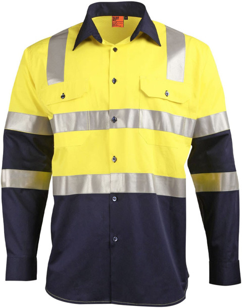 A two-tone safety shirt in bright yellow and navy blue with reflective tape and a logo. Features long sleeves and pockets. A two-tone safety shirt in bright yellow and navy blue with reflective tape and a logo. Features long sleeves and pockets.