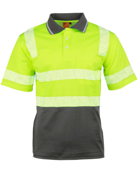 A safety polo shirt featuring fluorescent yellow and grey colours, with reflective stripes and a pocket on the front. A safety polo shirt featuring fluorescent yellow and grey colours, with reflective stripes and a pocket on the front.