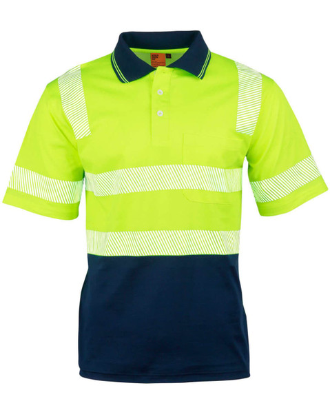 A high-visibility short-sleeve safety polo in neon yellow with navy sections and reflective stripes, featuring a pocket and a logo. A high-visibility short-sleeve safety polo in neon yellow with navy sections and reflective stripes, featuring a pocket and a logo.