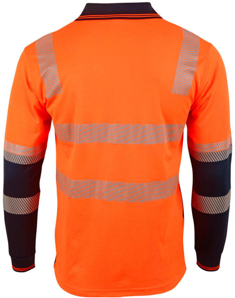 An orange long-sleeve safety polo shirt with reflective strips and a branded logo on the front.