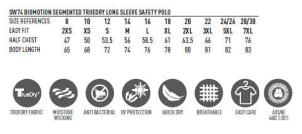 A detailed size chart for the Biomotion Segmented Truedry Long Sleeve Safety Polo, highlighting various sizes and features. A detailed size chart for the Biomotion Segmented Truedry Long Sleeve Safety Polo, highlighting various sizes and features.