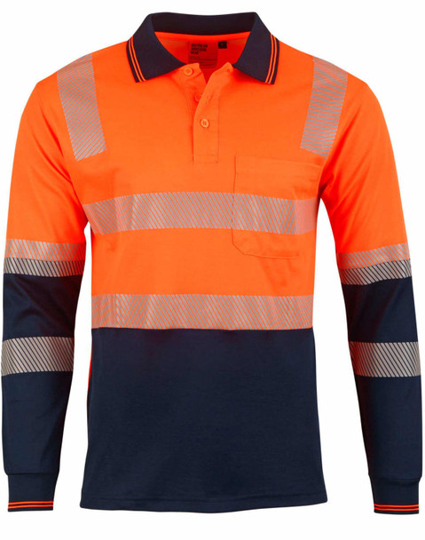 A long-sleeve safety polo featuring orange and navy sections with reflective stripes, ideal for workwear. A long-sleeve safety polo featuring orange and navy sections with reflective stripes, ideal for workwear.