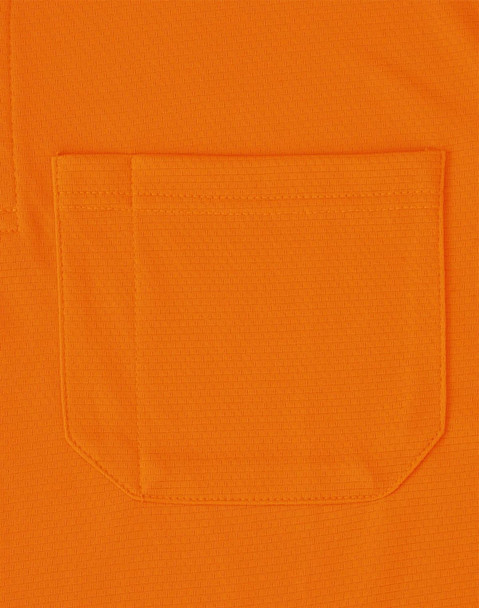 An orange unisex polo shirt featuring a textured fabric and a chest pocket. It has a logo on it. An orange unisex polo shirt featuring a textured fabric and a chest pocket. It has a logo on it.