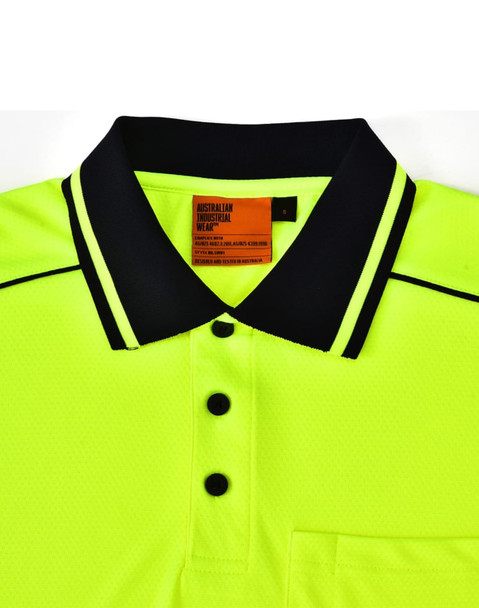 A bright yellow hi-vis polo shirt featuring a black collar and buttons, with a chest pocket and branding.