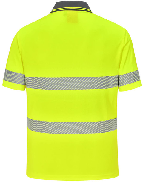 A vibrant yellow unisex polo shirt with segmented reflective stripes and a collar, featuring a logo.