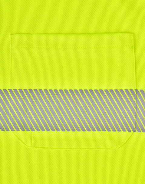 A bright yellow polo shirt featuring a reflective grey stripe and a chest pocket, designed for safety and visibility.