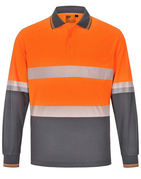 Unisex long-sleeve polo shirt in bright orange and grey, featuring reflective stripes and a pocket. Includes a logo.
