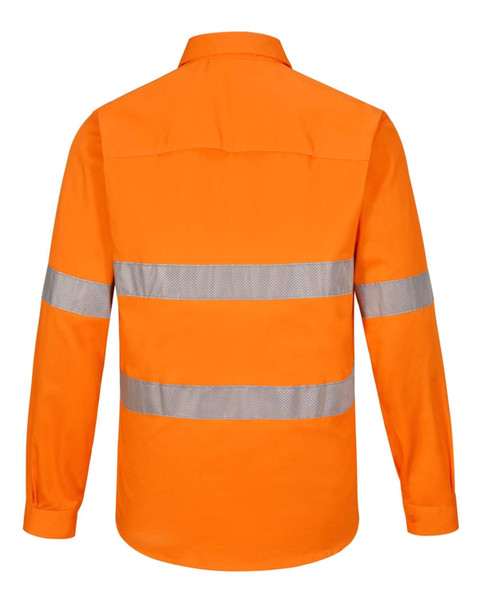 An orange long-sleeve work shirt featuring reflective tape on the back, designed for visibility and safety.