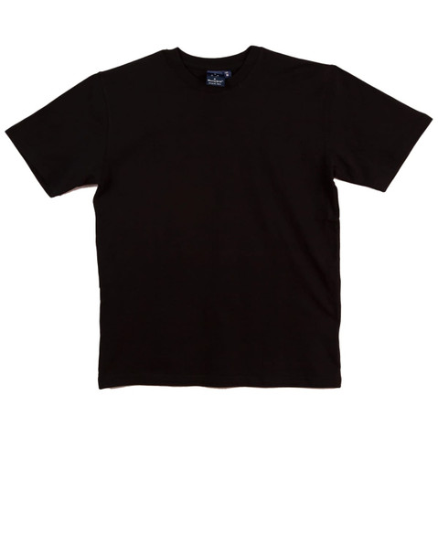 A black kids' t-shirt with a round neck and short sleeves. It features a branded tag inside the collar. A black kids' t-shirt with a round neck and short sleeves. It features a branded tag inside the collar.