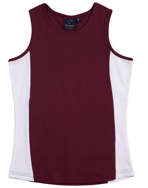 A burgundy and white ladies' singlet with a logo on the tag. The design features a contrast colour panel. A burgundy and white ladies' singlet with a logo on the tag. The design features a contrast colour panel.