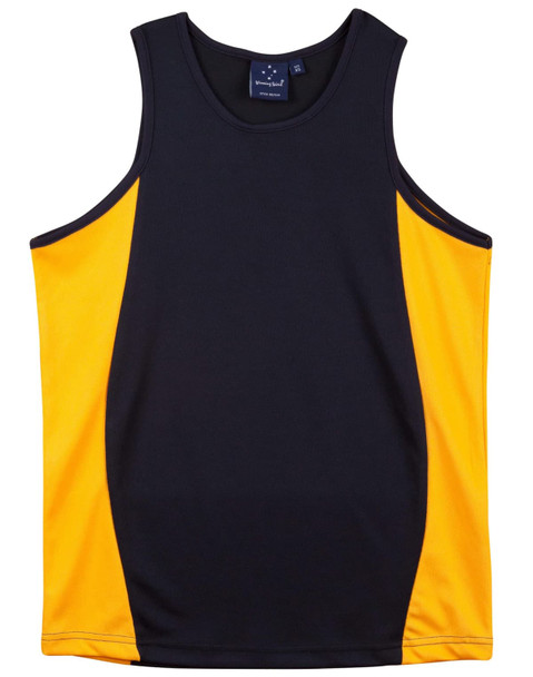 A men's singlet featuring black and orange contrast panels, with a logo on the inside tag. A men's singlet featuring black and orange contrast panels, with a logo on the inside tag.