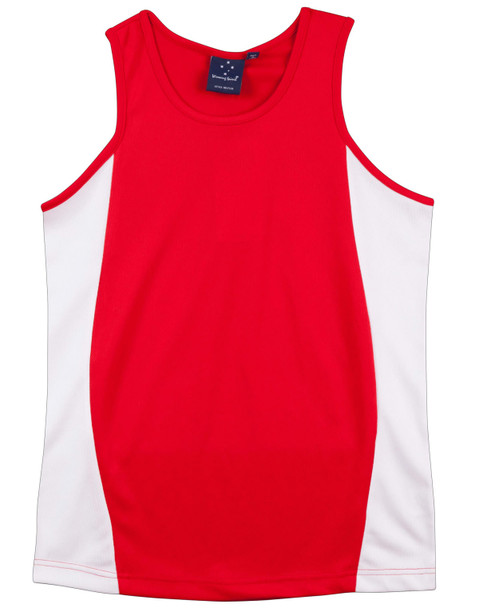 A red and white men's singlet with a contrast mesh design and a branding label at the neckline. A red and white men's singlet with a contrast mesh design and a branding label at the neckline.